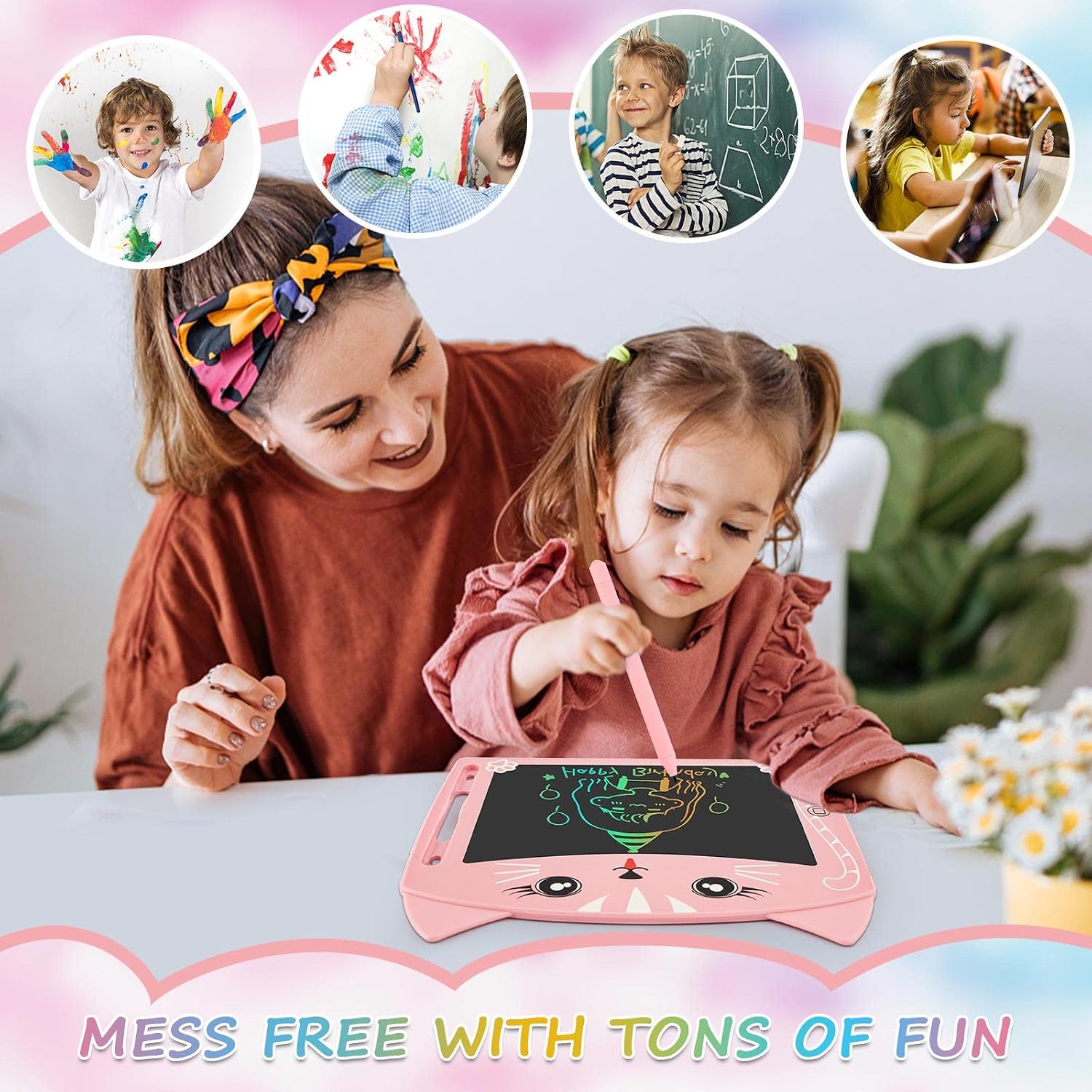 BOPU 2-Pack LCD Writing Tablets Colorful, Gift Writing Drawing Board for Kids Girls Boys Adults, Birthday Doodle Scribble Pad Toys Age for 3 4 5 6+ Years Old (Pink Cat + Blue Bear)