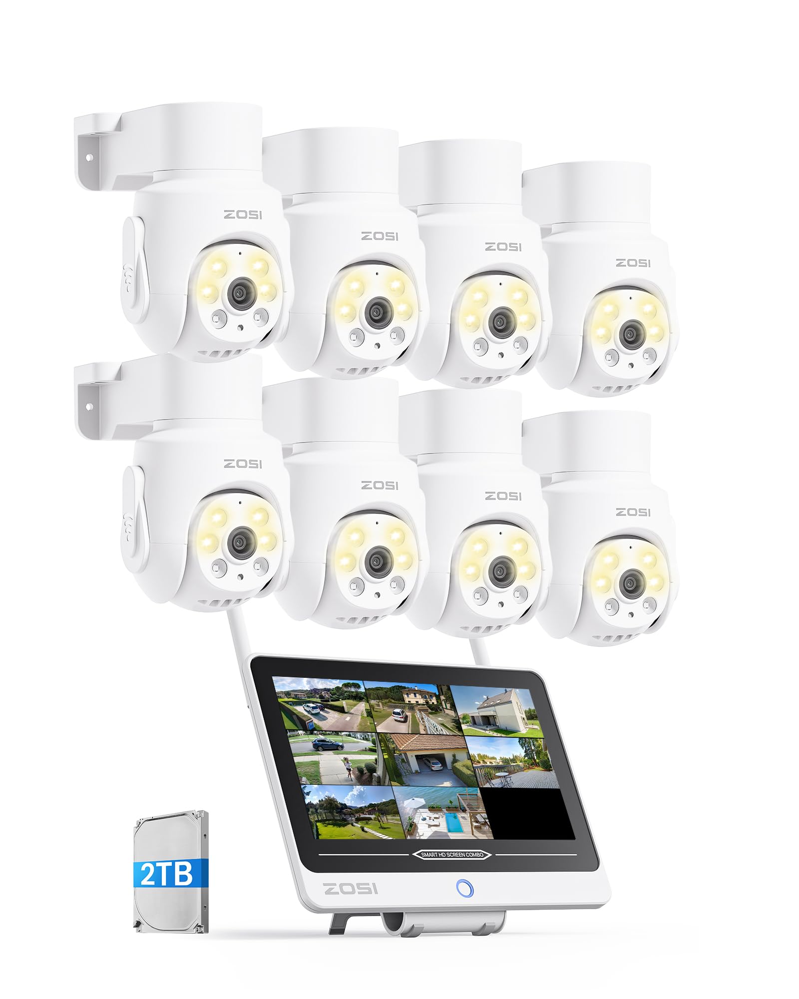ZOSI Kit Cámaras de Vigilancia WiFi-6 Exterior 8X 5MP Cámara Seguridad IP con 8CH 4K NVR 2TB HDD y 12'' Monitor, 360° Pan y Tilt, Detección y Seguimiento de Persona, Audio Bidireccional