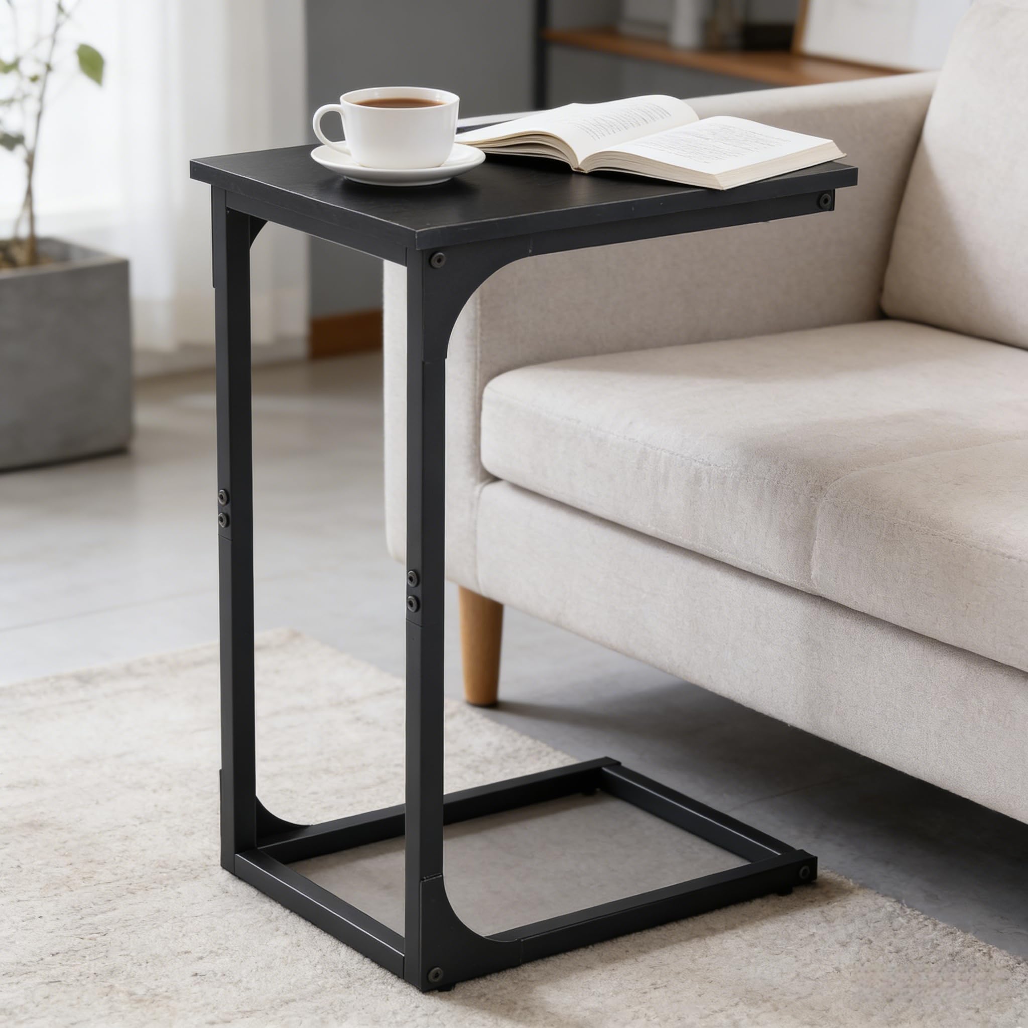 Panana Compact Sofa Side End Table Coffee Laptop Table Living Room Bedroom,C-Shaped Bedside Table with Metal Frame (Black)