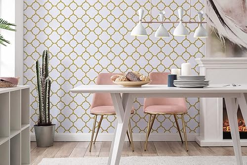 Miniatura 7 de Safiyya Papel tapiz de 393 x 17.7 pulgadas, papel adhesivo dorado blanco, autoadhesivo, extraíble, moderno, enrejado, dorado, para dormitorio,
