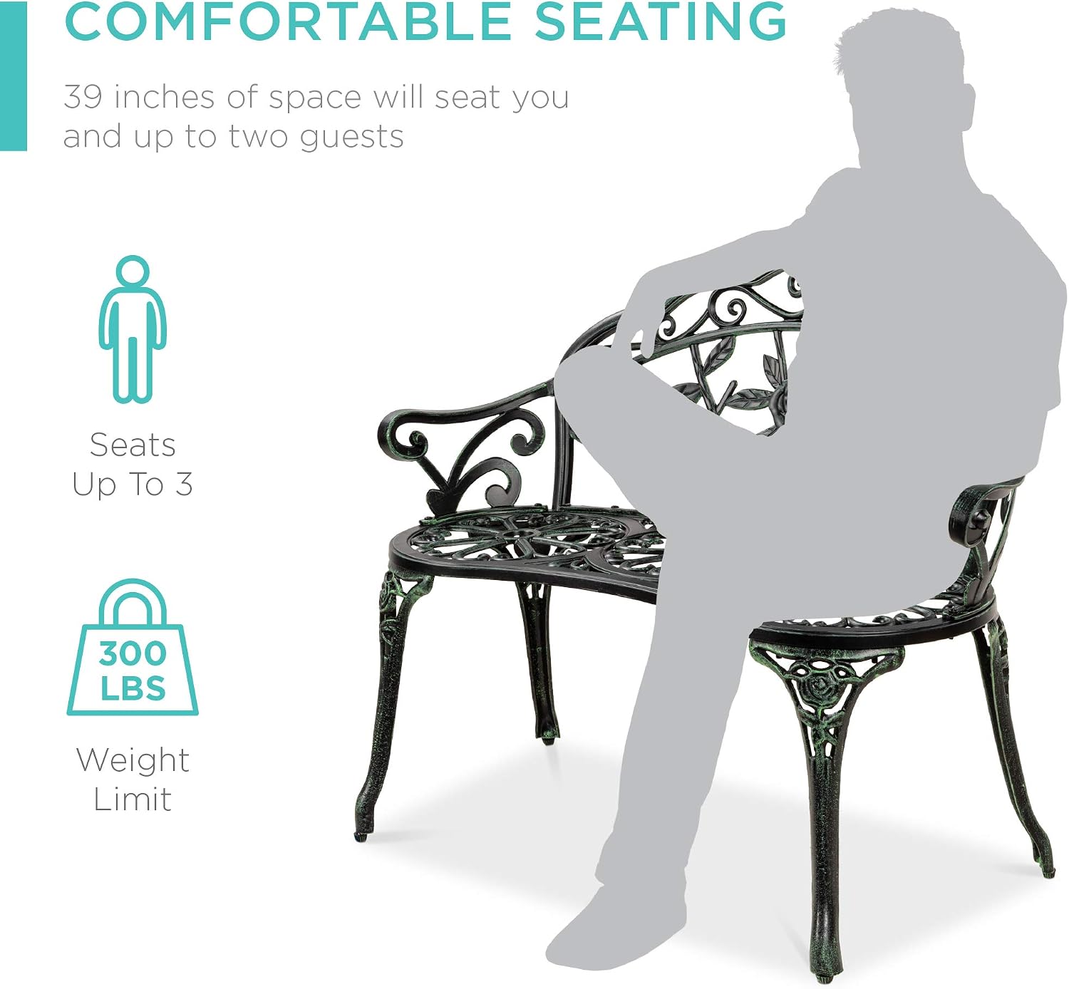 Best Choice Products Outdoor Bench Steel Garden Patio Porch Loveseat Furniture for Lawn, Park, Deck Seating w/Floral Rose Accent, Antique Finish - Black/Green