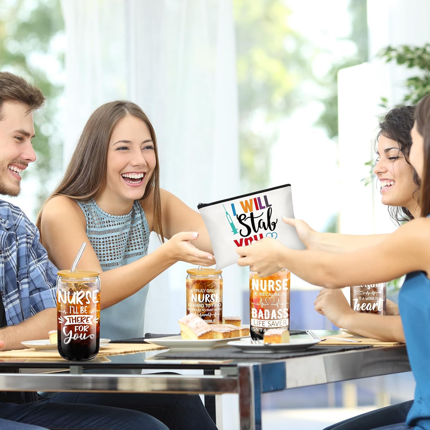 36 Pcs Nurse Appreciation Gift Bulk Includes 12 Pcs 16 oz Nurse Glass Cups with Lid Straw Cosmetic Bag Keychains Gifts for Rn Week(Cool Style)