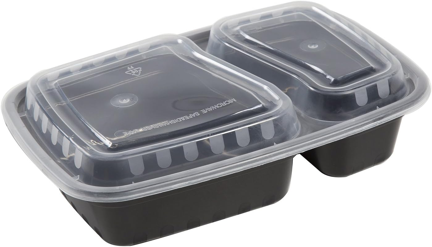 AmerCare 2 Compartment Rectangular To Go Container with Lids, 8.75 Inch x 6 Inch x 2 Inch, 32 Ounces, Case of 150