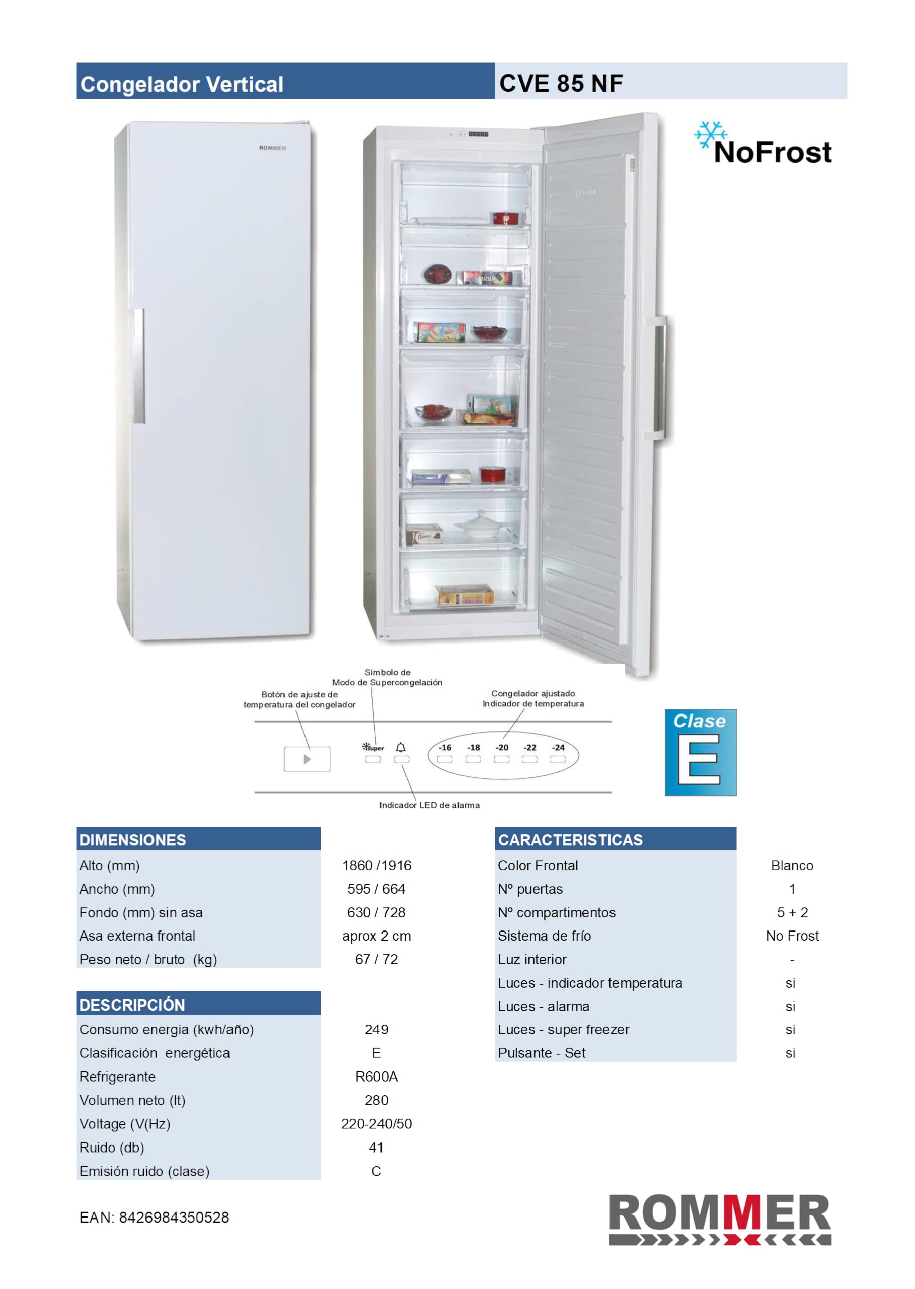 Congelador Vertical Rommer CVE 85 NF, Capacidad 280 Litros, Color Blanco, No Frost