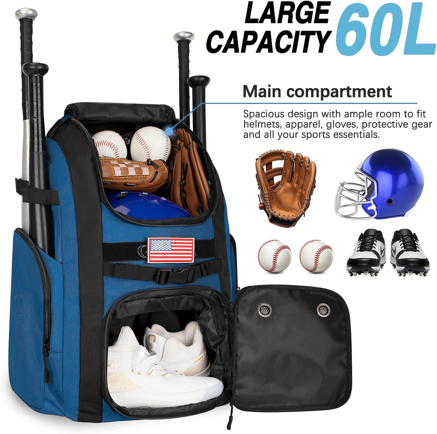 Goloni Baseball Bag, 60L Capacity Softball bag Holds 4 Bats for Youth & Adult, Baseball Bat Backpack with Shoes Compartment,Helmet Holder,Fence for Hook T-Ball, Softball Equipment, Baseball Gear