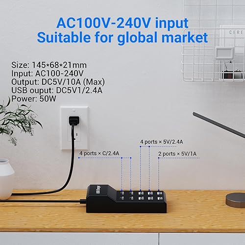 Miniatura 2 de Bloque de Cargador USB C de 10 Puertos (6 Puertos USB-A y 4 Puertos USB-C), Hub de Cargador Multipuerto de 50W10A para iPhone, Galaxy, iPad y Más