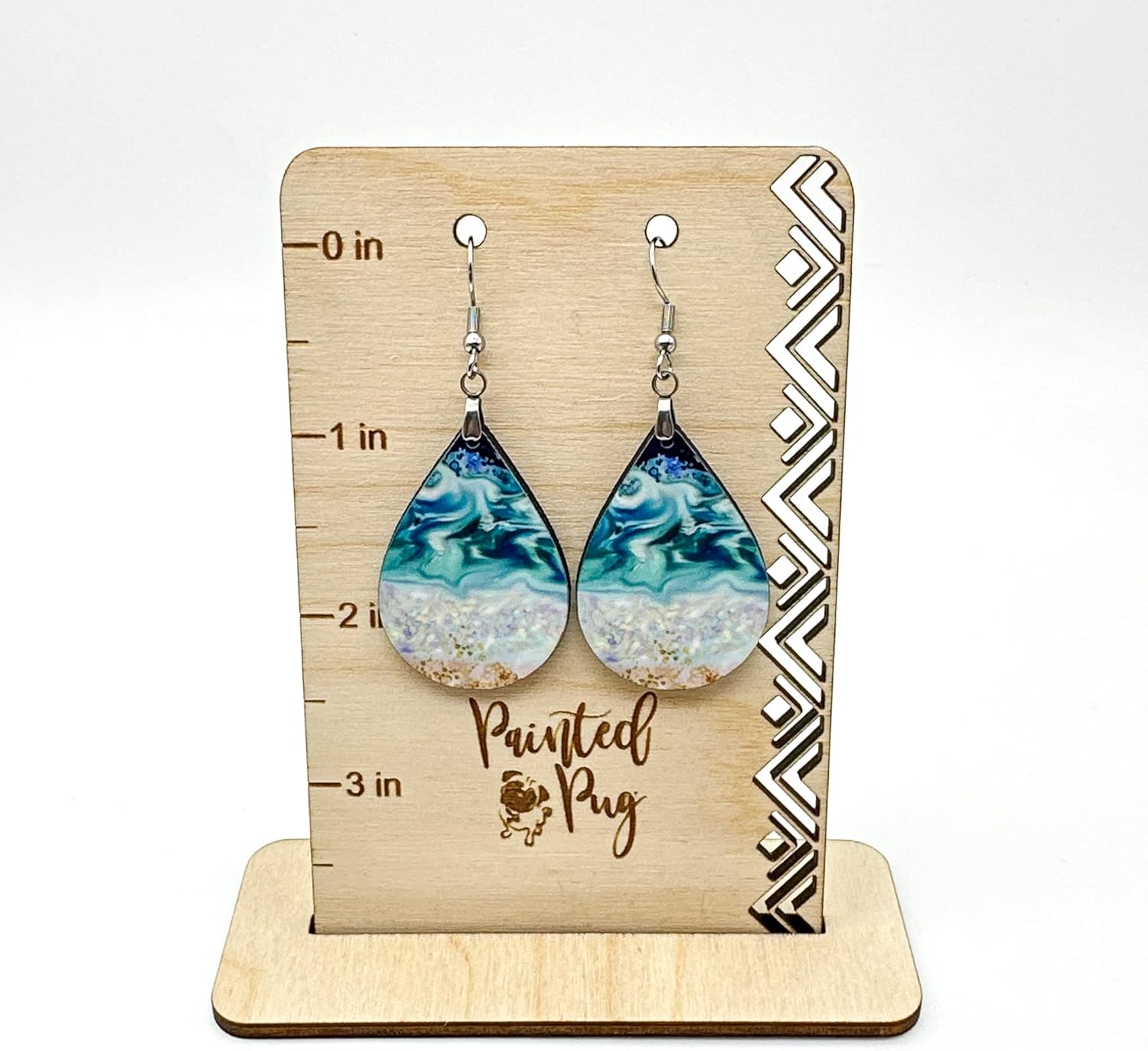Blue Earrings for Women with Gold Black Dangle Printed MDF Wood Teardrop Double Side Print Handmade by The Painted Pug 2 Pairs Included
