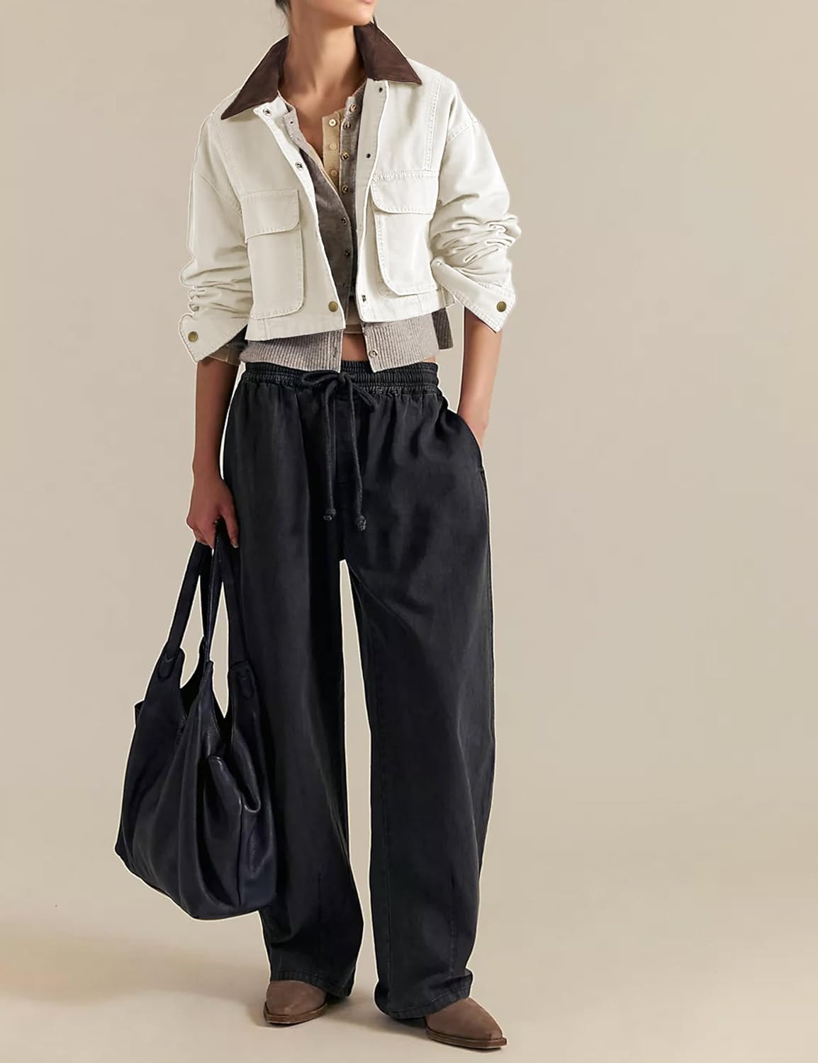 Barn Jackets for Women Contrast Collar Utility Coat Cargo Jacket Cropped Jacket with Pockets Outwear - Image 3