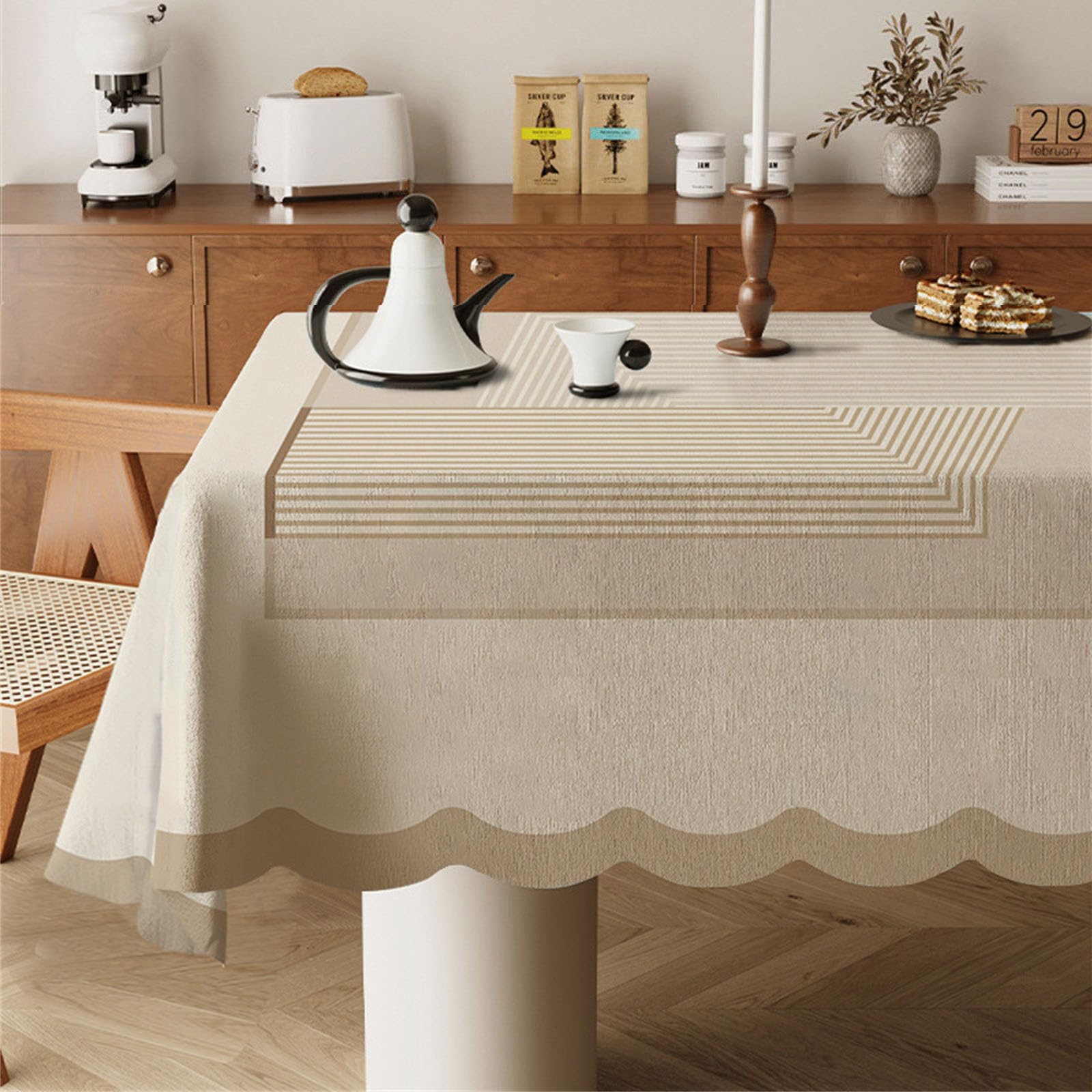 Odot Wipe Clean Tablecloths - Square, Stain Resistant Traditional French Style Cotton and Linen Rectangular Table Cover for Kitchen, Dining, Coffee Table (Camel lines,140x200cm)