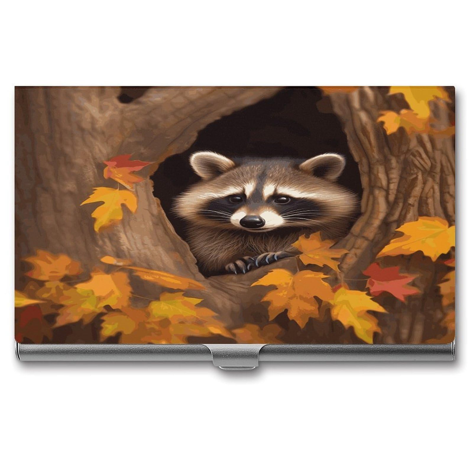 LDGSUPH Raccoon in The Fall Tree Hole Business Card Holder Fashion Slim Name Card Holder Minimalist Design Case Metal Card Carrier Personalized Business Card Case with Flip for Men Women
