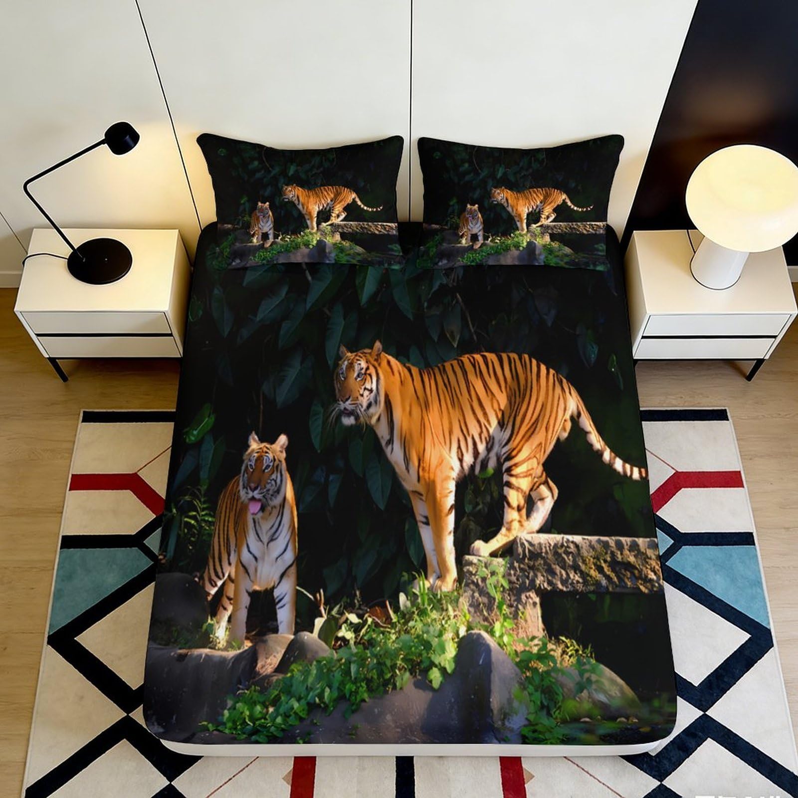 3D Printed Tiger Jungle Fitted Sheet Microfiber Soft Anti-Slip Forest Bed Sheet for Bedroom Dorm Mattress Decor 90x200x25cm