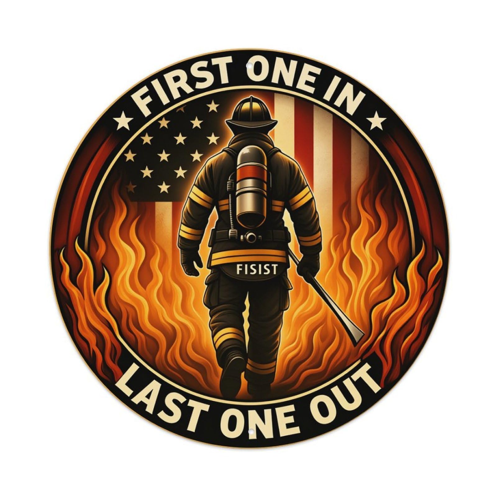 Firefighter In Flames With Flag Round Tin Sign Vintage Metal Poster, Home Bar Garage Man Cave Cafe Indoor & Outdoor Wall Decoration 8x8Inches