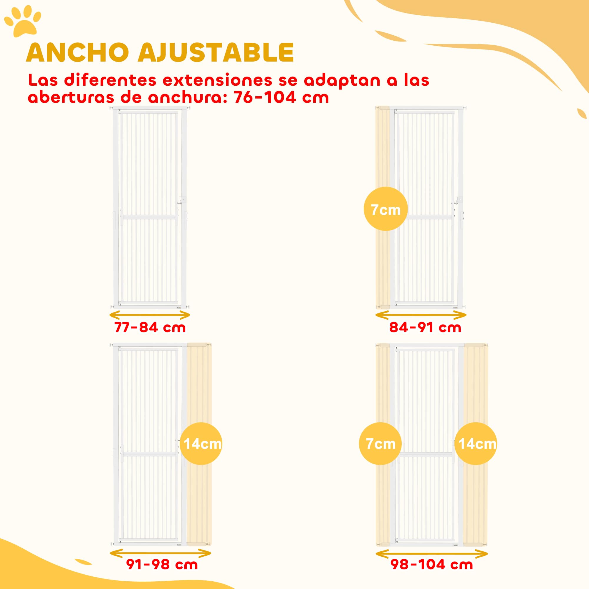 PawHut Barrera de Seguridad para Perros y Gatos Extra Alta 180 cm, Barrera para Perros Extensible 77-104 cm, Separación 3,5 cm, para Puertas y Escaleras, con Montaje a Presión, 2 Extensiones, Blanco