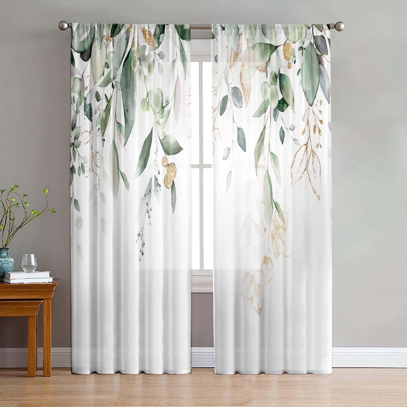 Odot Voile Net Curtains for Windows Living Room, 3D Leaf Pattern Rod Pocket Semi Sheer Curtains 2 Panels Light Filtering Translucent Tulle Voile Panel for Decorative (Gold Leaf A,42x96in)