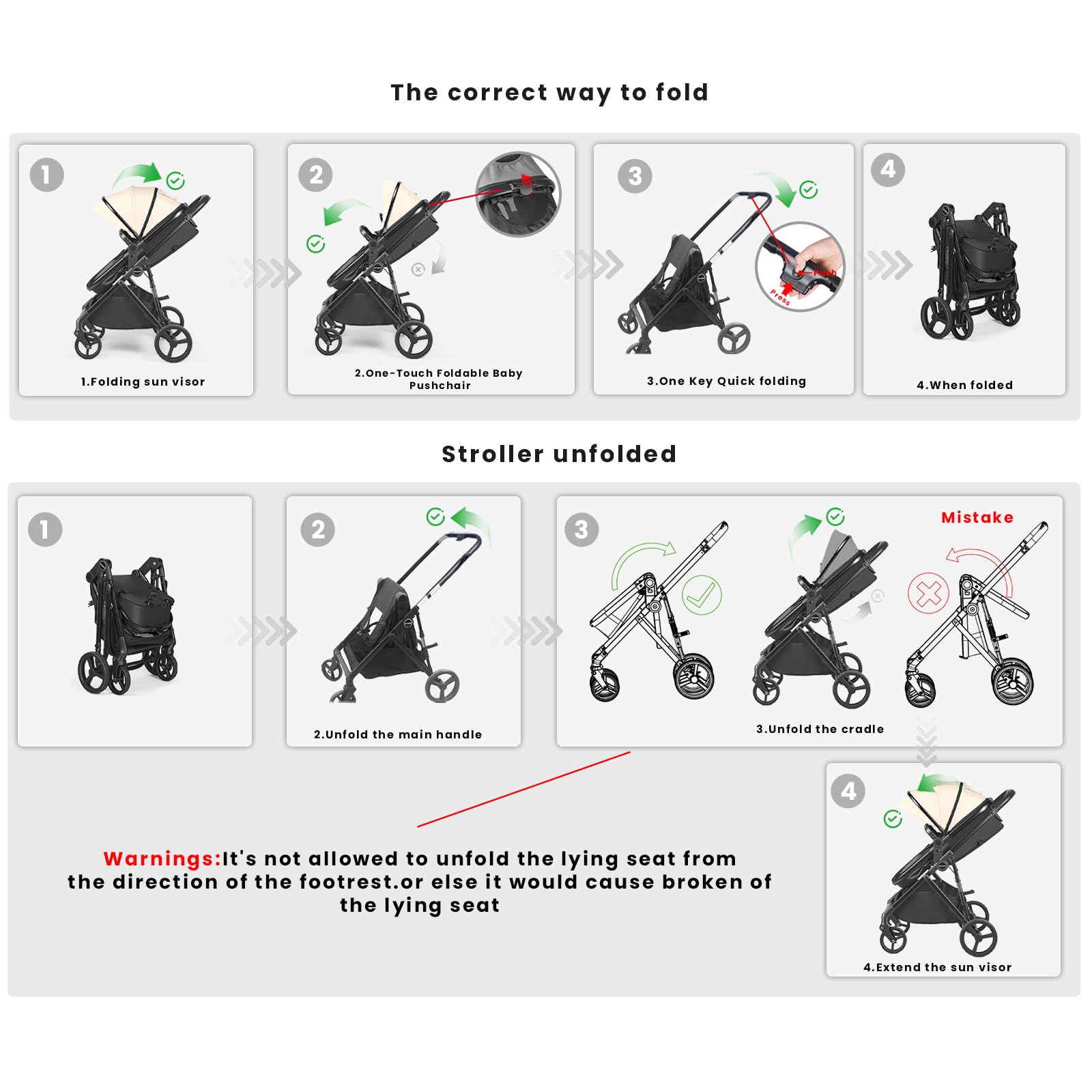 2-in-1 Kinderwagen für 0-36 Monate, Drehbarer Sitz, Leichter Aluminiumrahmen, Kompakte Faltung, Gefederte Räder, Große Tasche, Getränkehalter, CE-Zertifizierter-Kinderwagen