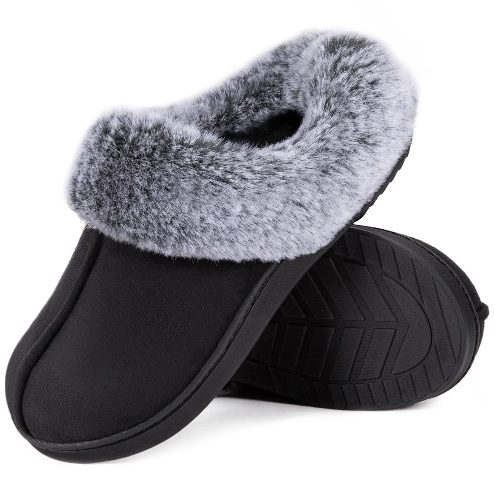 VeraCosyWomen's Classic Suede Memory Foam Slippers Anti-Skid Scuff with Warm Faux Fur Collar