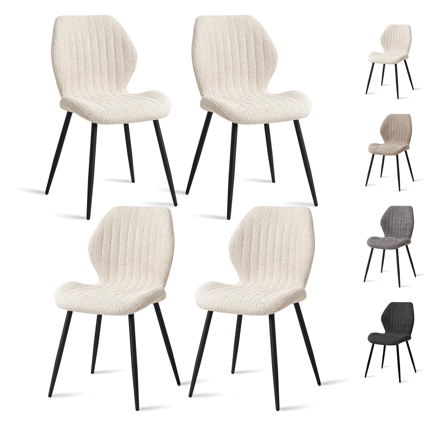 Lot de 4 Chaise de Salle à Manger, Chaise de Cuisine en Lin, avec Pieds en Métal Noir, Coussin en Tissu Rempli D'éponge à Rebond Haute Densité, Convient pour Salle à Manger, Cuisine - Beige