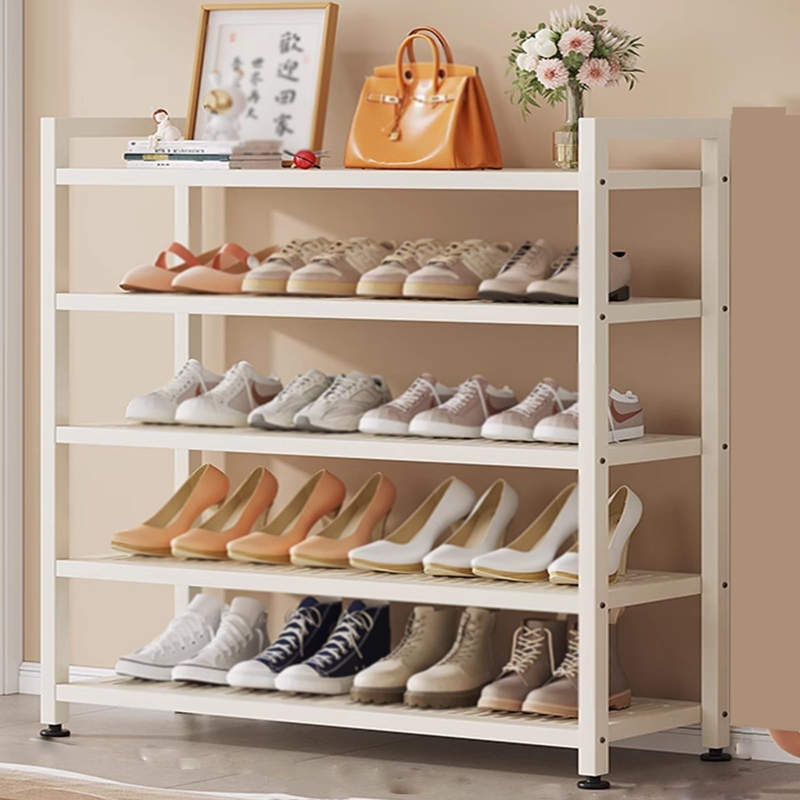Meuble à chaussures mince en acier carbone avec étagères amovibles