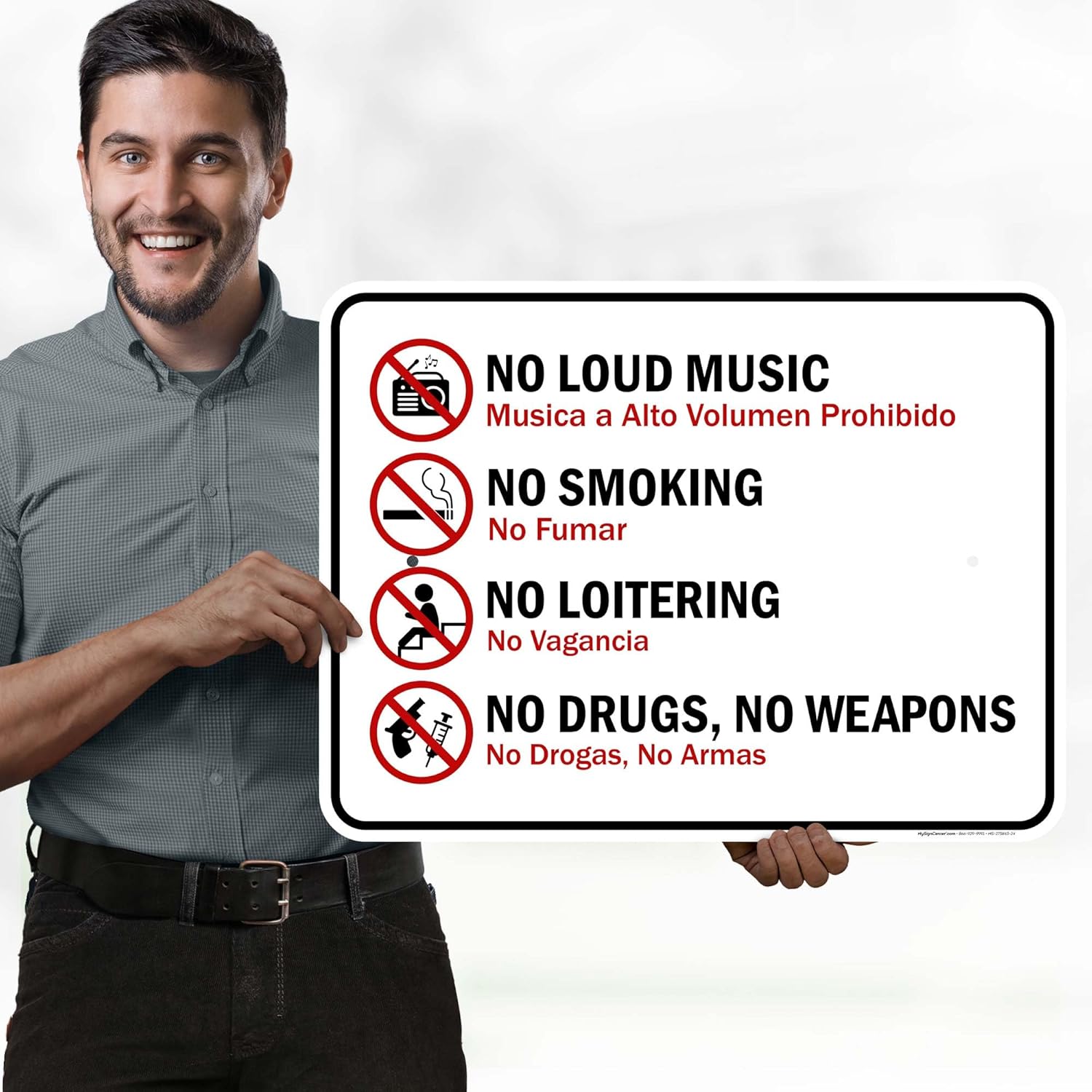 No Loud Music No Smoking Bilingual Sign, 18x24 Inches, Rust Free .063 Aluminum, Fade Resistant, Made in USA by My Sign Center