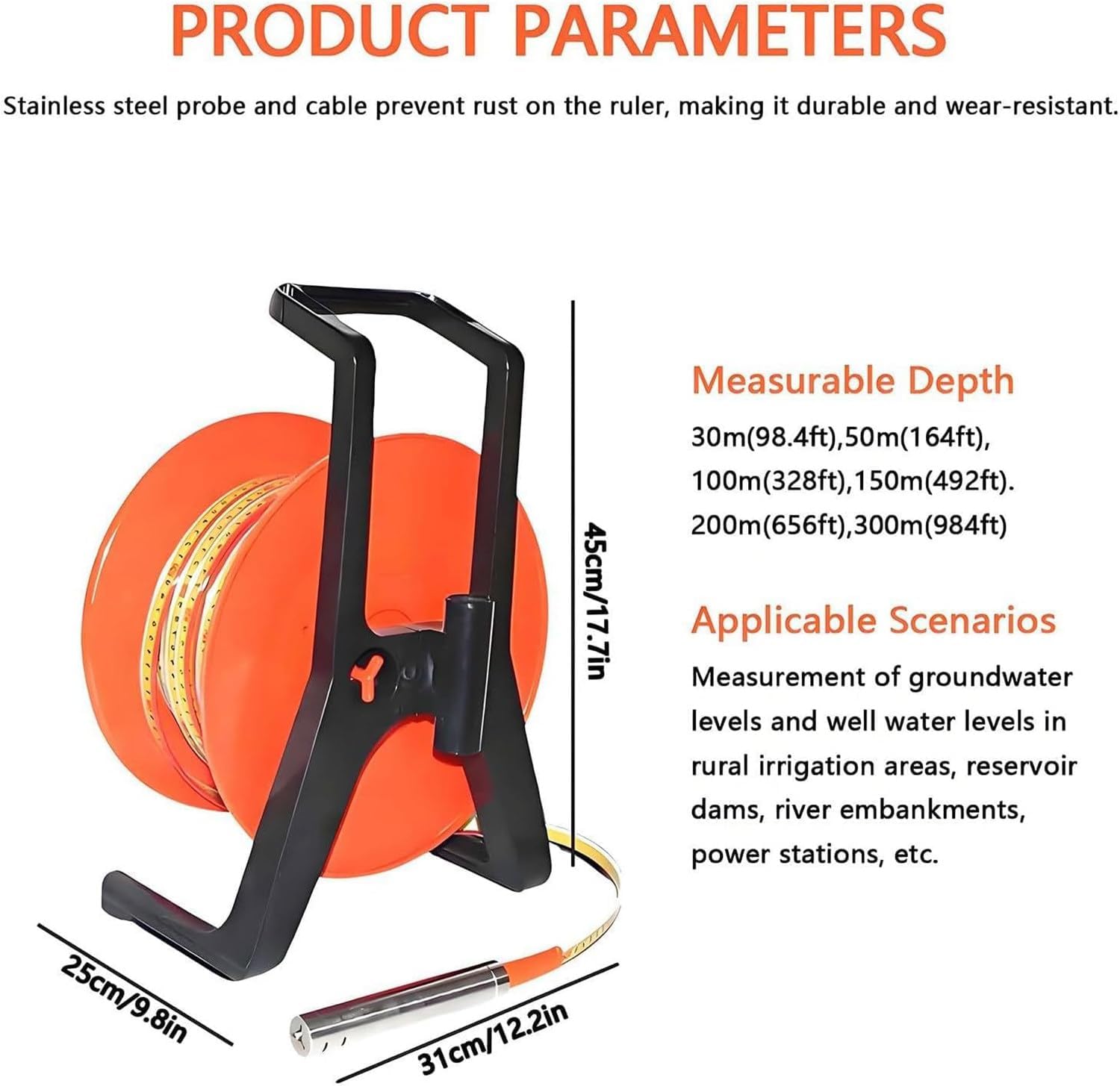 Portable Water Level Meter, Steel Ruler Electric Water Level Gauge, with Fixed Probe & Durable Steel Tape, for Wells, Boreholes, Reservoirs & Pipes 50m