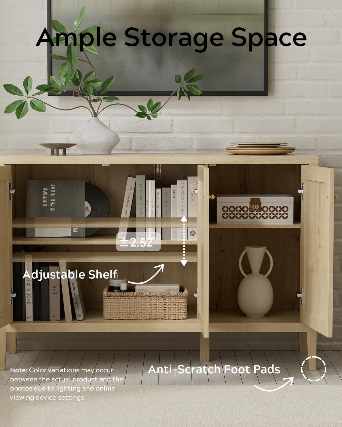 EYYTHUNG Sideboard Storage Cabinets with 3 Doors, Farmhouse Buffet Cabinets with Adjustable Shelves, Wooden Media Console Credenza Console Table for Living Room, Dining Room, Entryway, Light Oak
