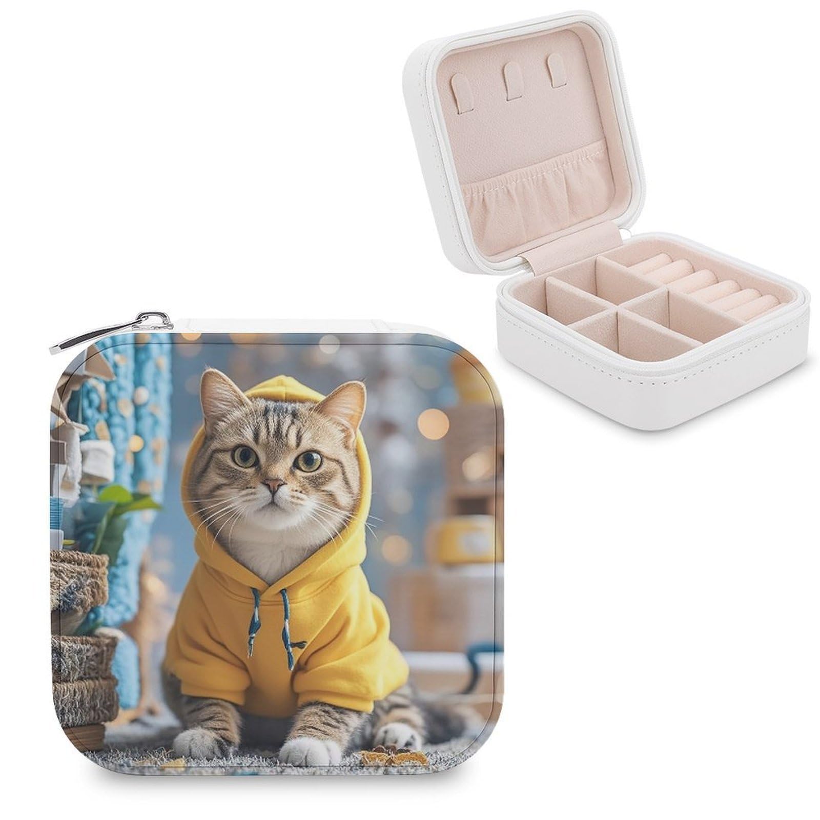 LZQPOEAS Cat in Yellow Hoodie Jewelry Box Mini Jewelry Travel Case Trendy Stuff Ring Box Custom PU Leather Jewelry Boxes Portable Jewelry Case Earring Storage Organizer for Girls Women