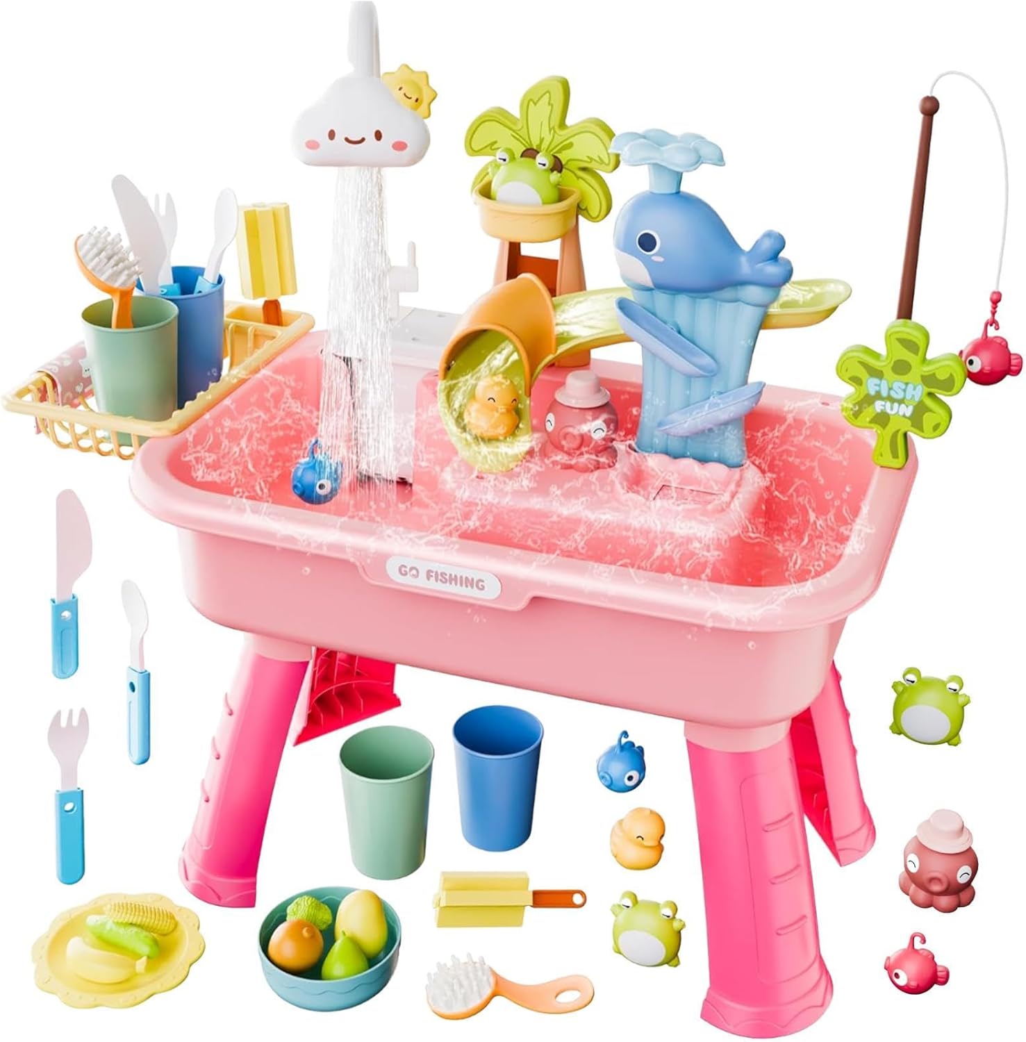 Sand and Water Table | Water Table for Children | Multifunctional Dishwashing Sink Kids Waters Play Tables Set | Summer Outdoor Fishing Game Sensory Toys Waters Tables for Children 1-3 and 4-8