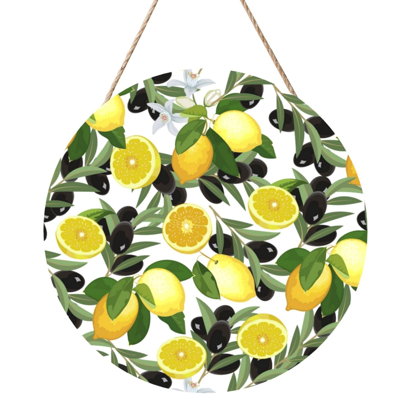 InOmak Lemon And Olive, Round Wood Panel Painting 12 in, Wall Hanging Painting For Home