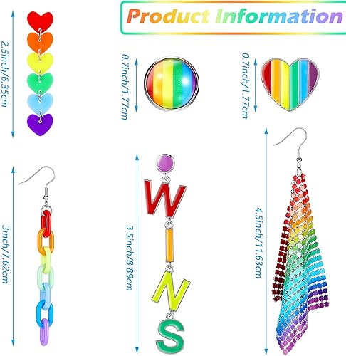 Miniatura 2 de 6 pares de aretes de arco iris, aretes de orgullo, aretes de malla de arco iris, aretes de clip de cadena ligera, aretes colgantes de amor, aretes
