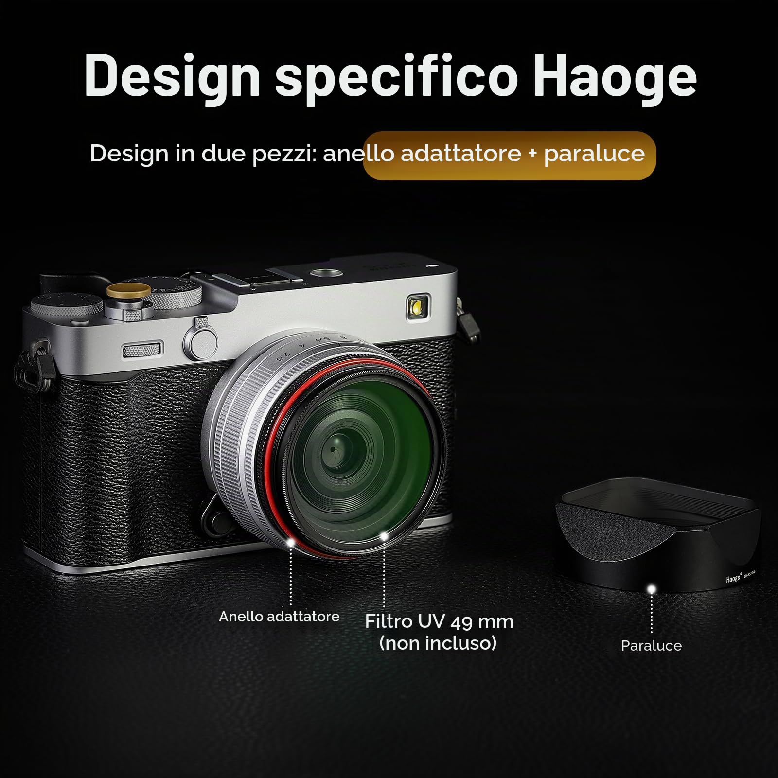 Haoge Paraluce in metallo da 39 mm per Fujifilm X-E5 e XF 23 mm f2.8 set Fujinon XF27mmF2.8 R WR paraluce a vite nero, con tappo in metallo, su kit corpo fotocamera XE5