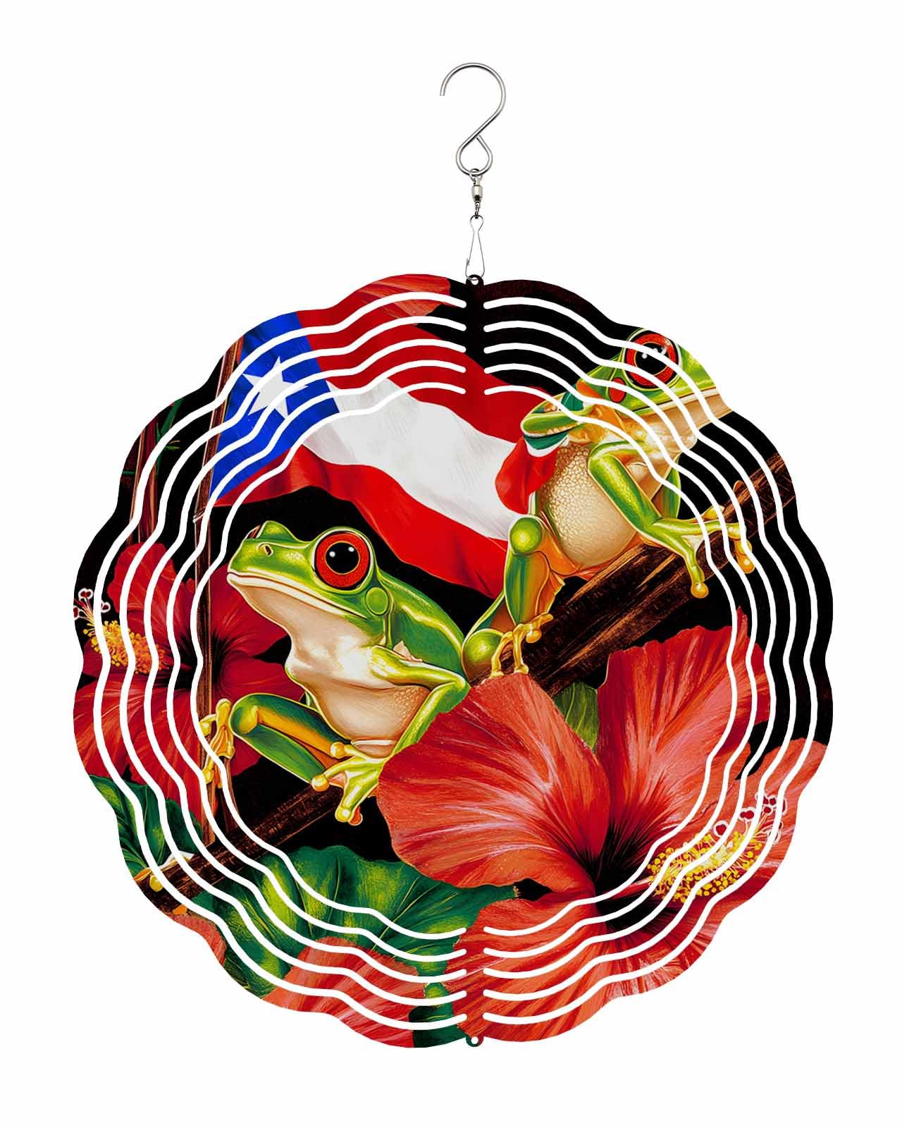 Summer Wind Spinners, Blue Triangle Red and White Stripes Frog Hanging Wind Spinners for Yard and Garden 3D Stainless Steel Metal Sculptures Crafts Ornaments 8 Inch