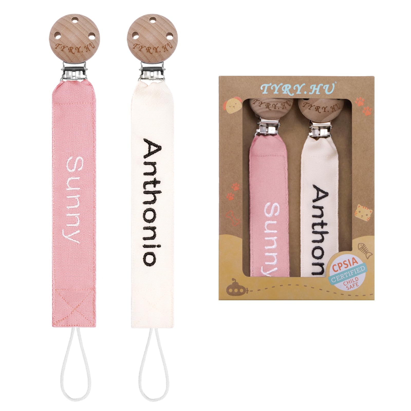 TYRY.HU Personalized Pacifier Clip with Name, Embroidery Pacifier Holder for Baby Girls and Boys, Neutral Binky Clips Universally Fit All Pacifiers &