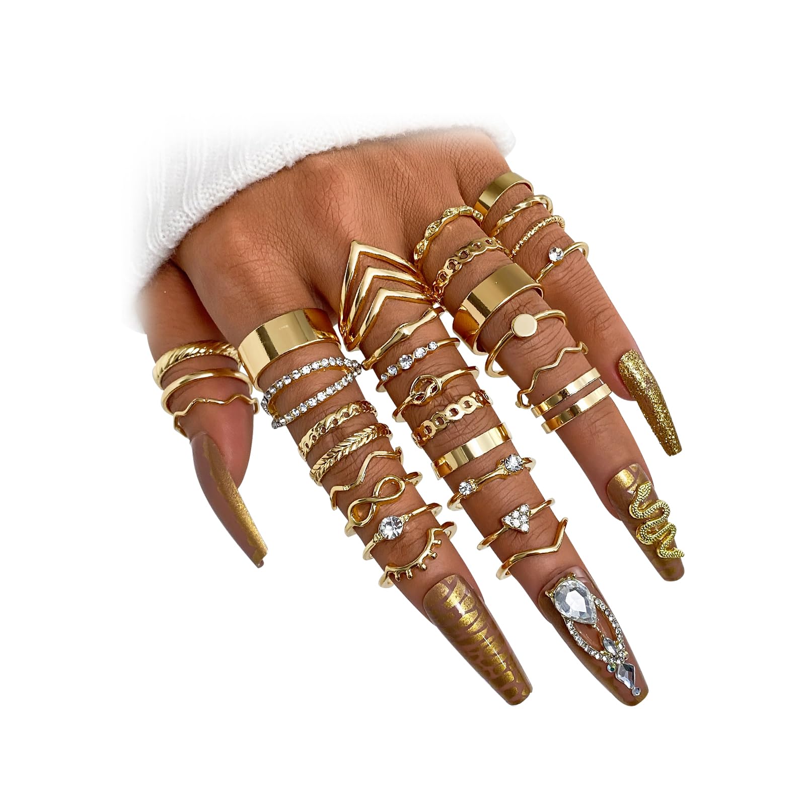 17IFGold Vintage Knuckle Ring Set for Women, Boho Crystal Finger Aesthetic Pearl Sparkle Butterfly Chunky Stackable Midi Ring Pack