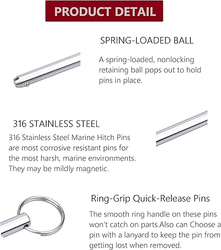 Miniatura 4 de Ring  Grip - Pasadores de liberación rápida  Pin superior Bimini de acero inoxidable 316, diámetro de 316 pulgadas, longitud total 1.38 pulgadas,