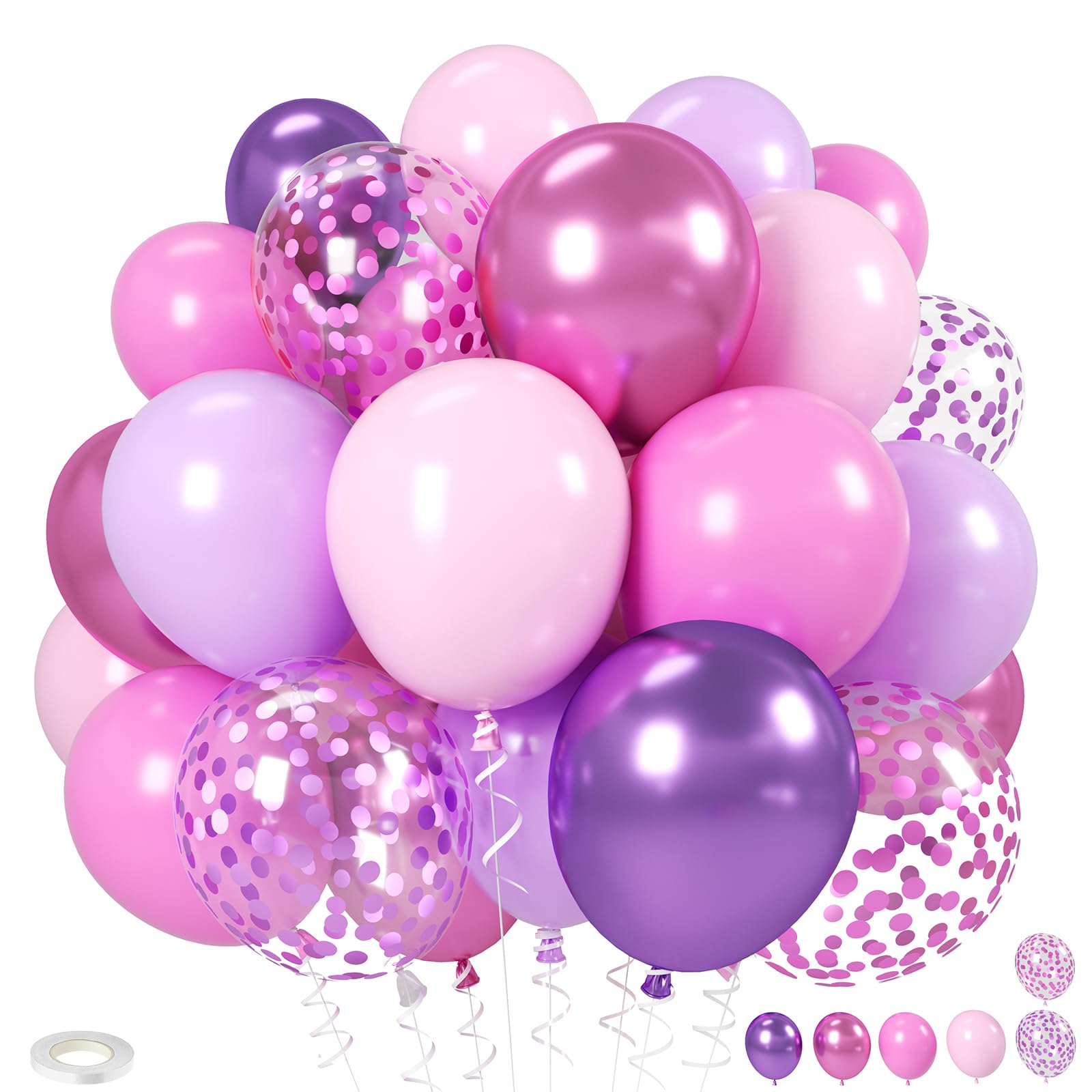Pink and Purple Balloons, 12 Inch Metallic Pink Purple Latex Balloon, 20 Pcs Magenta Lilac and Confetti Balloons for Girls Birthday Party Baby Shower Wedding Decorations