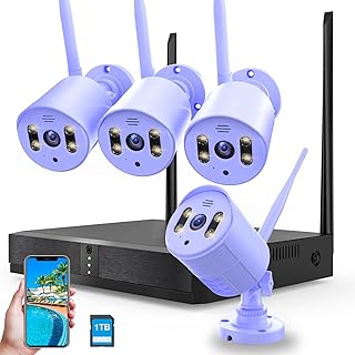 4Pcs 1080P Spotlight Color Night Vision WiFi Waterproof Security Surveillance Cameras with Pre-Installed 1TB Hard Drive and Two-Way Audio,4 Channel NVR DC Power