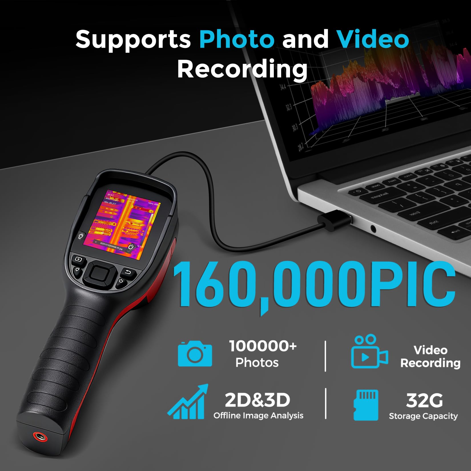 Kamera termowizyjna na podczerwień 256 x 192, rozdzielczość 512 x 384 TISR, 12-godzinna żywotność baterii i kamera wizualna 2 MP, ręczny termowizyjny do kontroli domu z kartą SD 32 GB