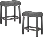 Giantex 24" Bar Stools Set of 2, Backless Counter Height Saddle Bar Stools w/Padded Seat, Solid Rubber Wood Legs, Farmhouse Linen Fabric Upholstered Barstools for Kitchen Counter Island, Cafe, Grey