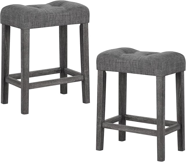 Giantex 24" Bar Stools Set of 2, Backless Counter Height Saddle Bar Stools w/Padded Seat, Solid Rubber Wood Legs, Farmhouse Linen Fabric Upholstered Barstools for Kitchen Counter Island, Cafe, Grey