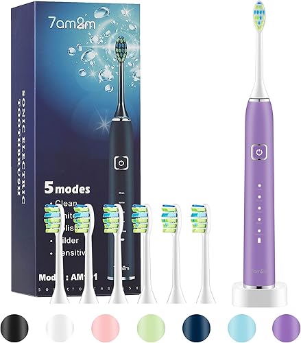 Miniatura 2 de 7AM2M Cepillo de dientes eléctrico sónico recargable AM101 paquete con 10 cabezales de cepillo