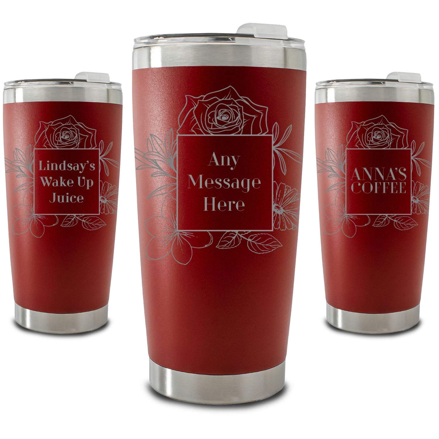 Personalisierter, gravierter, roter 500-ml-Reisebecher mit quadratischem Blumenmuster, personalisierbar mit einer beliebigen Nachricht oder einem Namen, inklusive Geschenkbox, lasergraviert