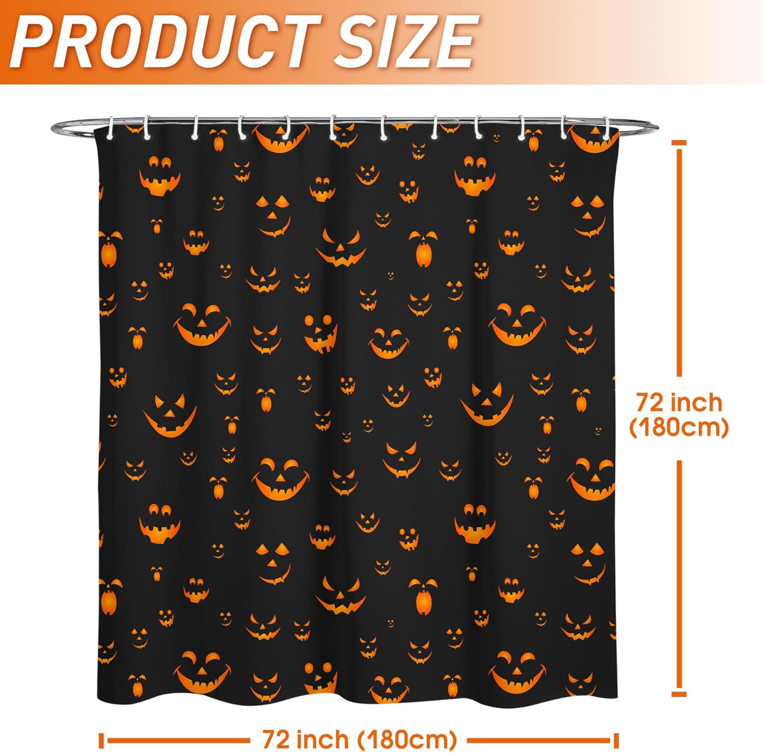 Roszwtit Halloween Shower Curtain 72x72 Inch, Pumpkin Face Shower Curtains for Bathroom, Halloween Spooky Home Decor Waterproof Fabric with Hooks