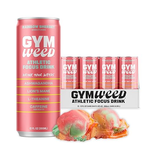 GYM WEED Adaptogen Energy Drink, Rainbow Sherbet  Bebida adaptogénica con cero azúcar  Ashwagandha, melena de león, cafeína y L-teanina para energía