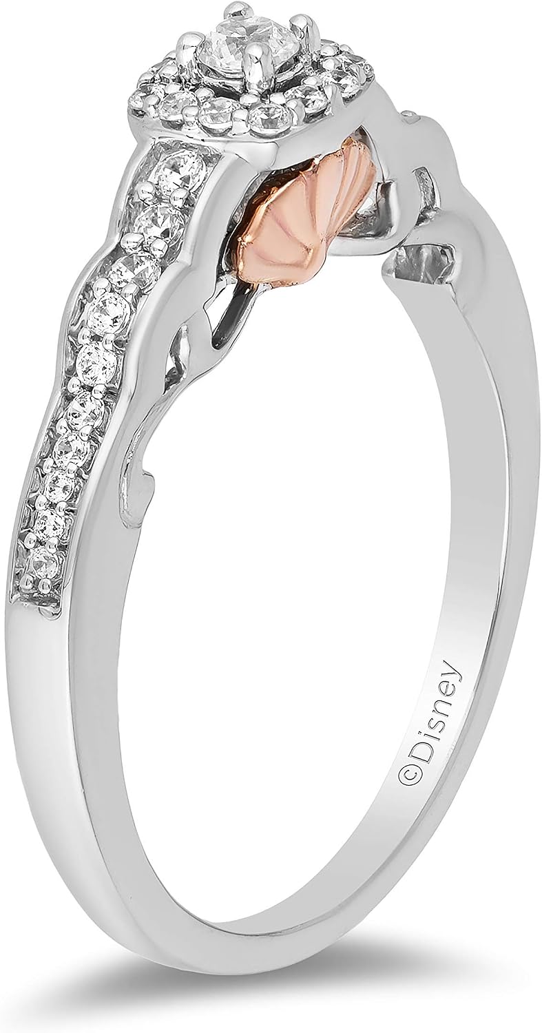 Jewelili Enchanted Disney Fine Jewelry 10K White and Rose Gold 1/4 Cttw Natural White Diamond Ariel Promise Ring