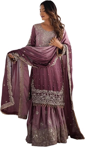 Womens 3 PCS Salwar suit set Chinnon Silk With Heavy Embroidery Sequence Work Sleeve