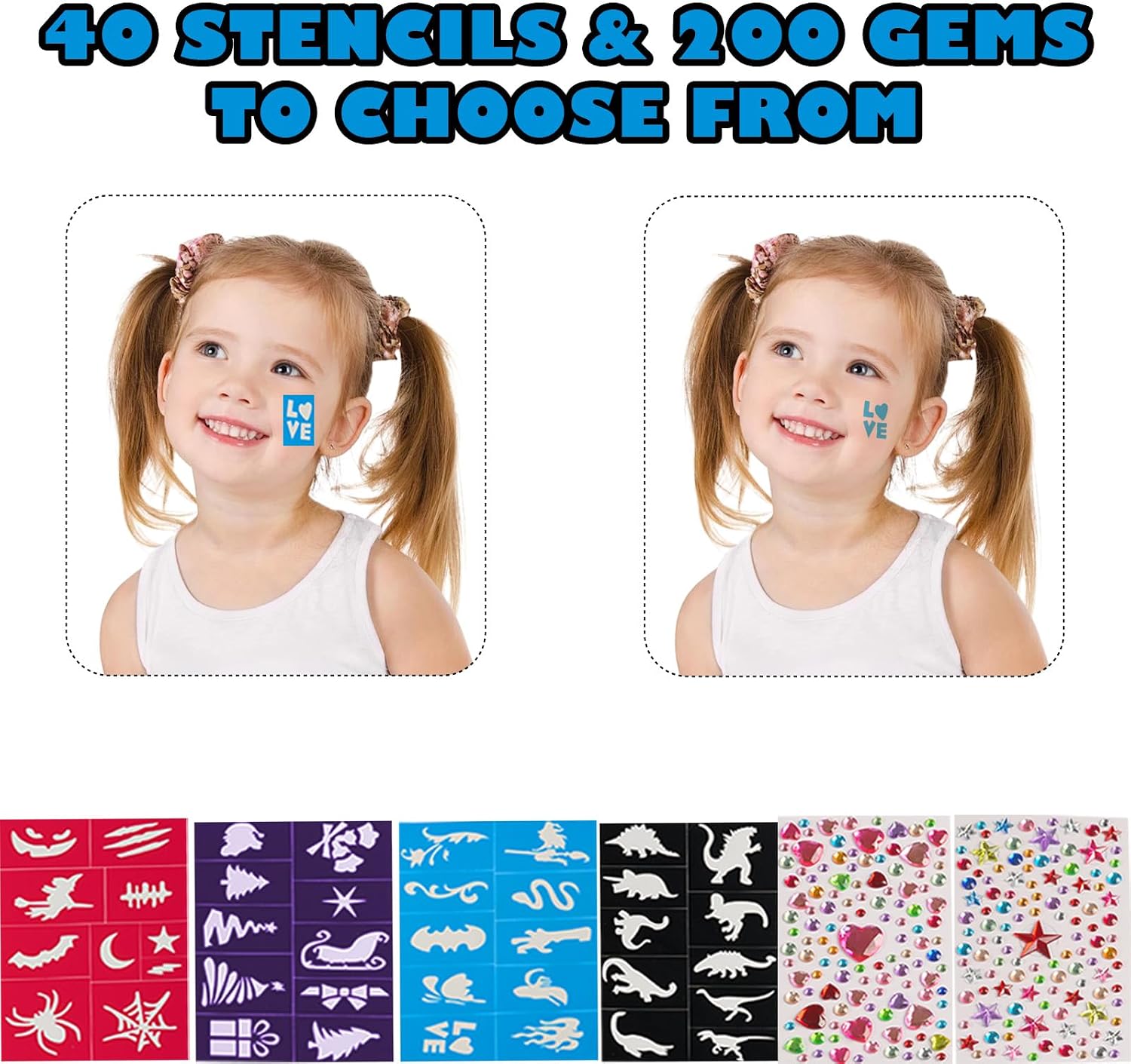 12 Colors Face Paint Markers, Halloween Face Paint Pens, Washable Face Paint Sticks, Temporary Tattoo Markers for Skin, Halloween Face Painting Kit for Kids with 40 Stencils & 200 Gems