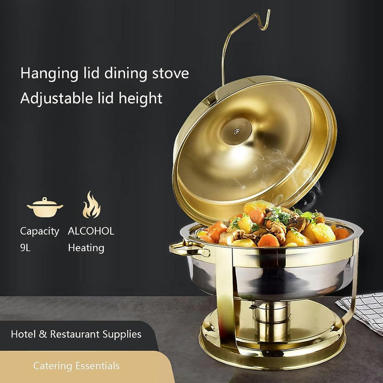 Stainless Steel Buffet Hot Plate - Stainless Steel Hot Pot Buffet Set with Glass Viewing Lid and Built in Lid Holder, Round Food Warming Tray with Solid Steel Lid (Gilding 9L)