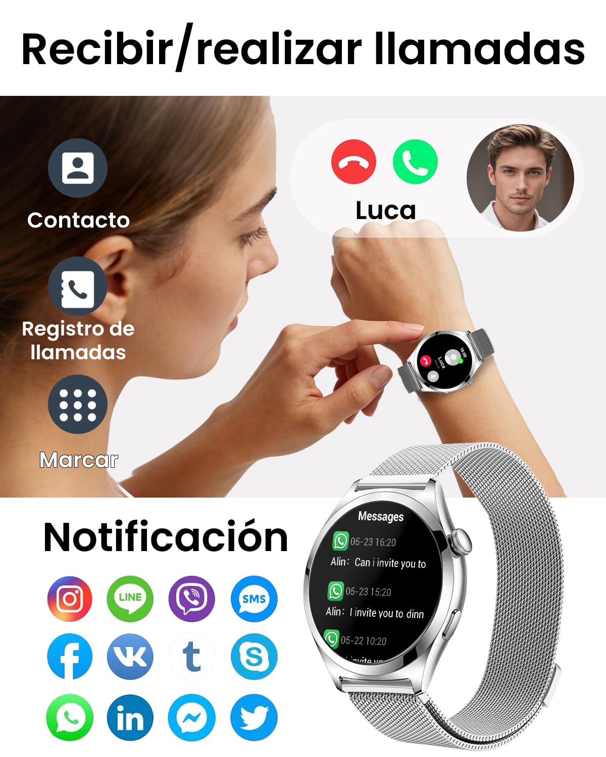 Reloj Inteligente Mujer Llamadas, Pantalla Curva HD de 1,27", Plata | Monitor de Frecuencia Cardíaca SpO2 Sueño, 120+ Modos Deportivos, Podómetro, IP68 Smartwatch Mujer, Android iOS, 2 Correas