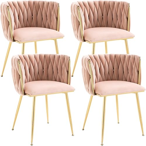 Kiztir Velvet Dining Chairs Set of 4, Upholstered Dining Room Chairs with Gold Metal Legs, Luxury Tufted Dining Chairs for Living Room, Bedroom, Kitchen (Pink)