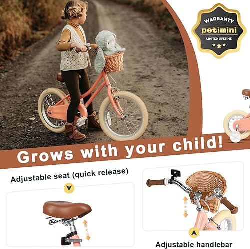 Miniatura 4 de Petimini Girls Bike with Basket for 2-12 Years Old Kids, 12 14 16 18 20 Inch Bicycle with Bell Training Wheels Basket, Multiple Colors